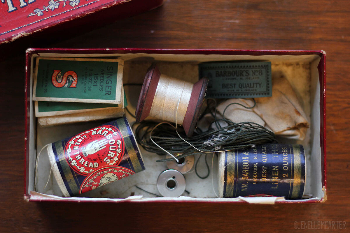 Barbour's Linen Thread Box and Sewing Supplies Barbour's Linen Thread Box and Sewing Supplies