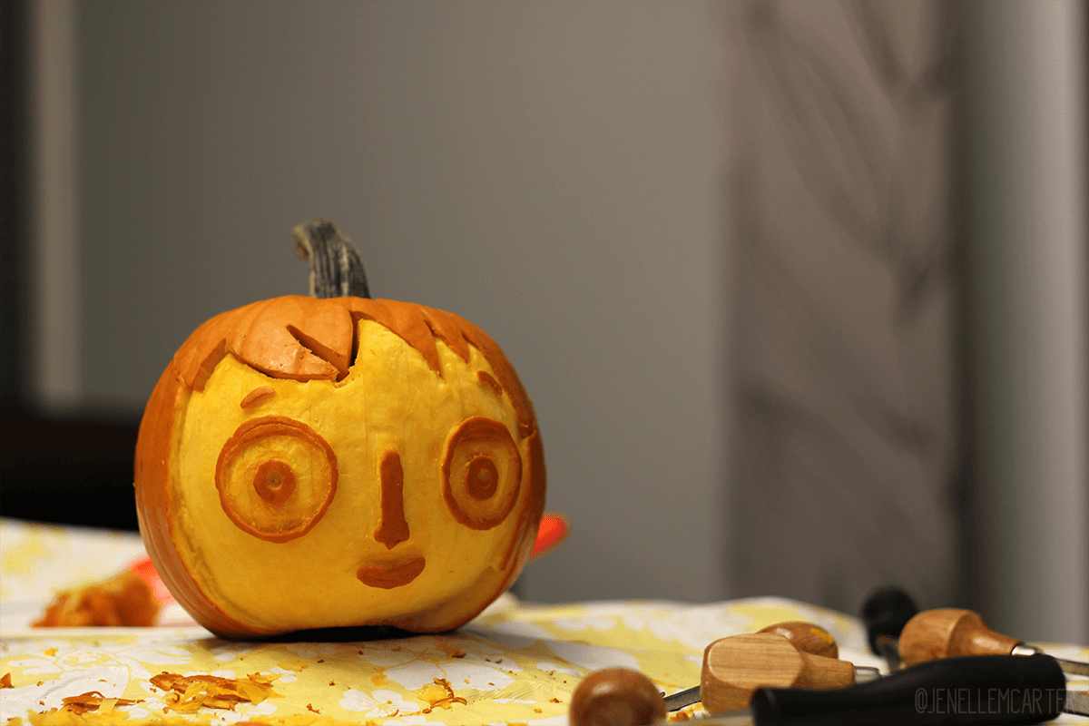 A pumpkin carving of Zucchini, the main character from the film My Life as a Zucchini