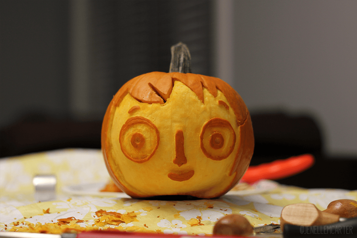 A pumpkin carving of Zucchini, the main character from the film My Life as a Zucchini